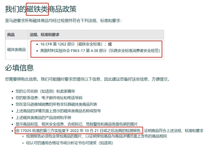 16 CFR 1262亚马逊磁体类产品（不包括玩具）合规要求